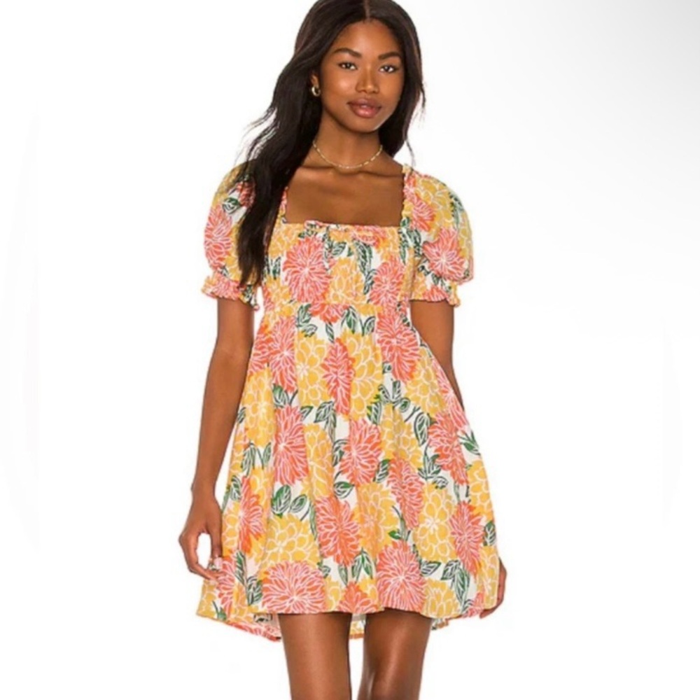 House of Harlow 1960 100% Linen Bright Floral Puff Sleeve Smocked Mini Dress XS